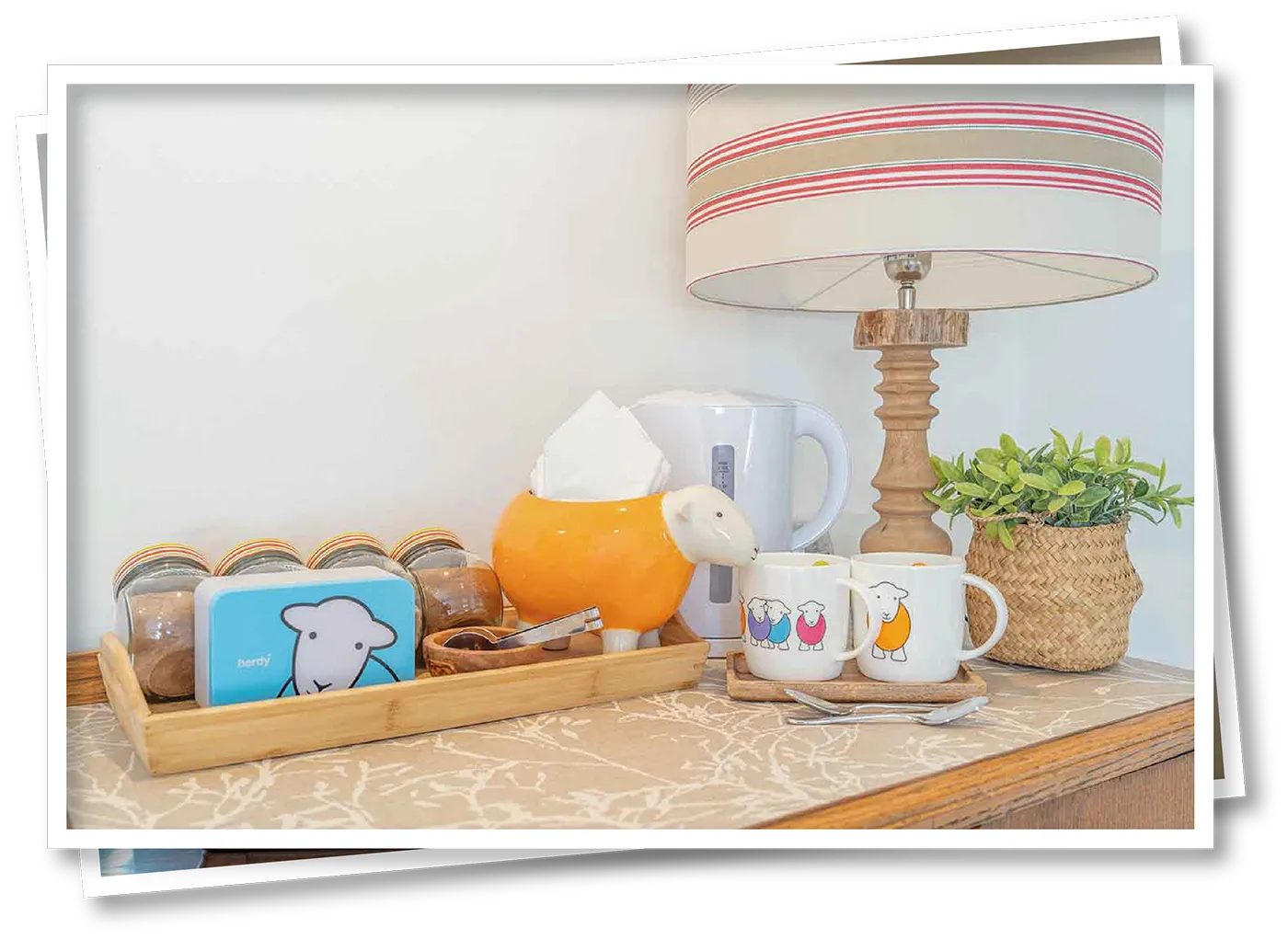 Refreshment tray in North View B&B bedroom with teas, coffees, and Herdy mugs