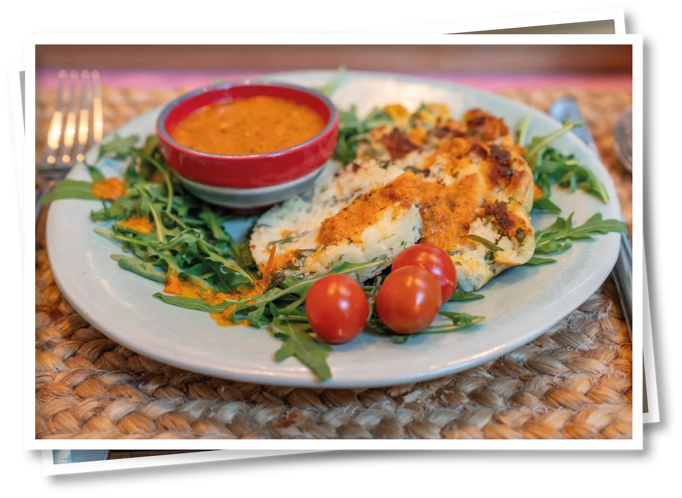 Plate of fish cakes with dipping sauce and rocket salad at North View B&B, Penrith, as part of a Lake District B&B breakfast