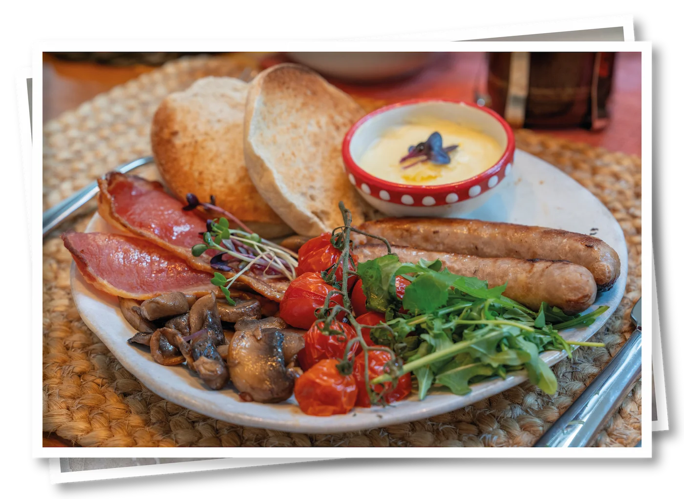 Full English breakfast with eggs, sausages, bacon, tomatoes, mushrooms, and toast at North View B&B, Penrith, Lake District B&B