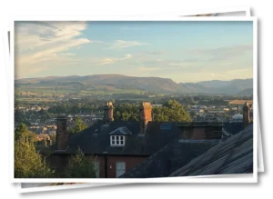 View from the Green Herdy Room top-floor bedroom at North View B&B, Penrith, overlooking the town and the Lake District mountains