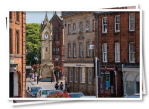 View of Penrith High Street looking towards Penrith Clock Tower, near North View B&B, in the Lake District and Eden Valley area