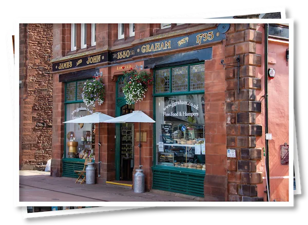 Exterior of J.J. Graham Fine Foods and Hampers shop on the Penrith High Street - established in 1793